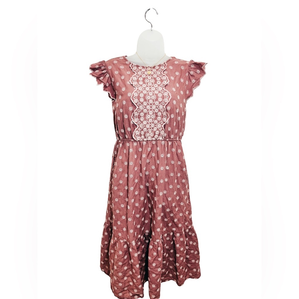 Bohme: Floral embroidered eyelet midi dress ruffle cap sleeves in dusty rose (S) - Picture 3 of 11